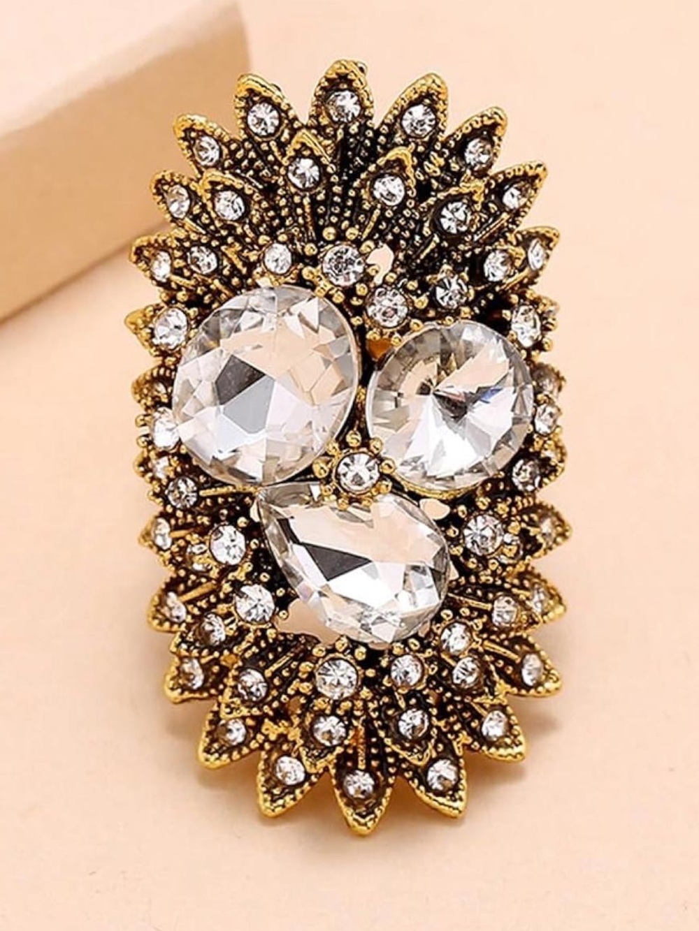New Anthropologie Gold-Tone Ring with Clear Crystal Cluster